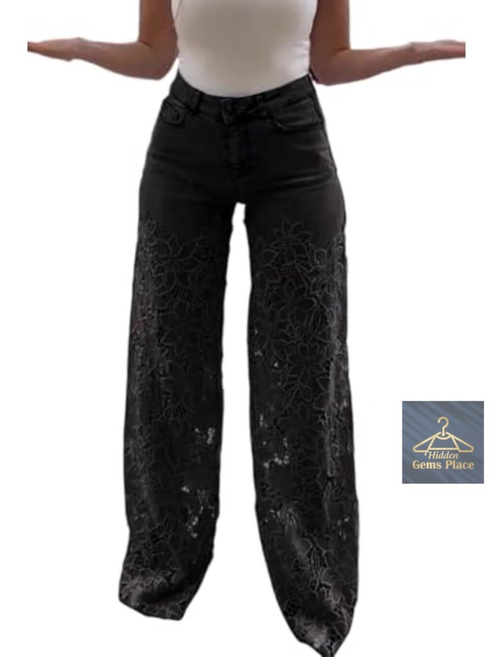 High Waisted Wide Leg Patchwork Lace Jeans Stretchy Baggy Denim Hollow Out